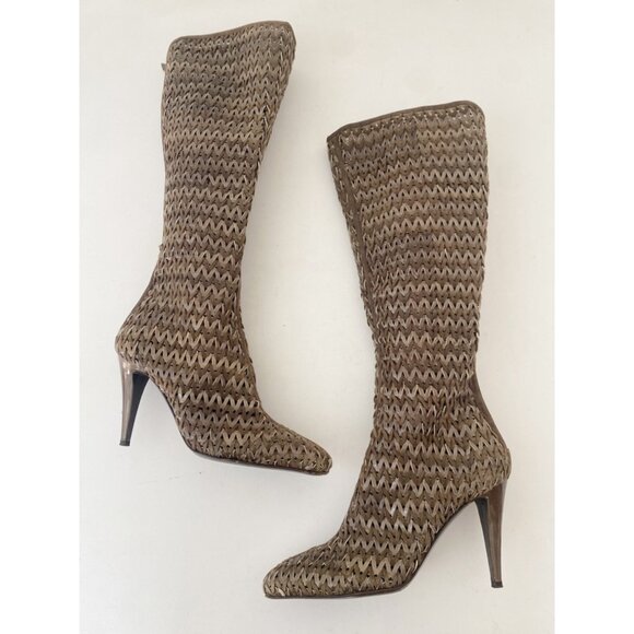 Sergio Rossi Square Toe Tall Woven Boots w Heel Shoes - Picture 1 of 11